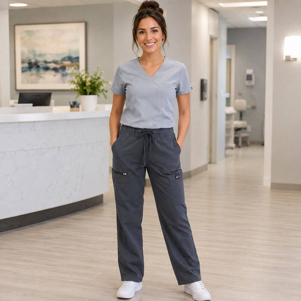 Koi Scrub Pants Womens Small Petite Charcoal Gray Cargo Drawstring Medical